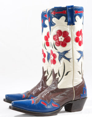 1980s • Champion Attitude • Bluebird & Floral Cowboy Boots • Women’s 9 M