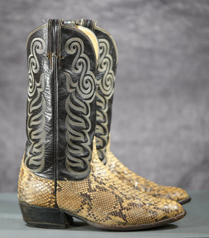 Vintage Tony Lama Python Cowboy Boots — Natural & Black
Size: Men’s 9.5 D