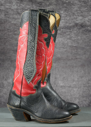 Vintage Paul Bond Mule Ear Cowboy Boots — Black & Red
Size: Men’s 10 D