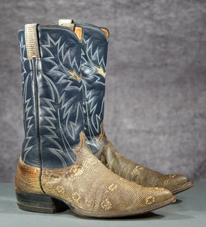 Vintage Justin White Label Ringtail Lizard Cowboy Boots — Rockabilly Style
Size: Men’s 9 D