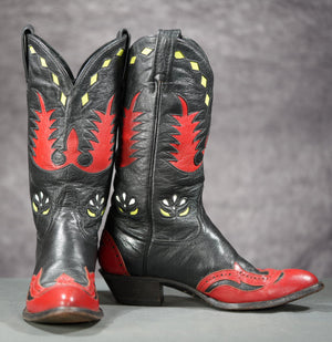 Vintage Tony Lama Black & Red Flame Inlay Cowgirl Boots
Size: Women’s 7.5 M