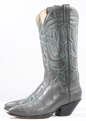 1987 Austin Hall Handmade Cowboy Boots • Grey with Turquoise Stitching • Women’s 8.5 M