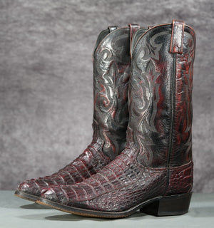 Vintage Dan Post Black Cherry Caiman Tail Cowboy Boots
Size: Men’s 10.5 EW (Extra Wide
