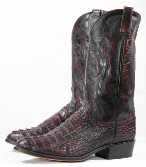 Vintage Dan Post Black Cherry Caiman Tail Cowboy Boots
Size: Men’s 10.5 EW (Extra Wide