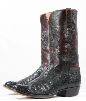 Vintage Lucchese Black Cherry Full Color Quill Ostrich Cowboy Boots with Ostrich Inlays
Size: Men’s 10 D