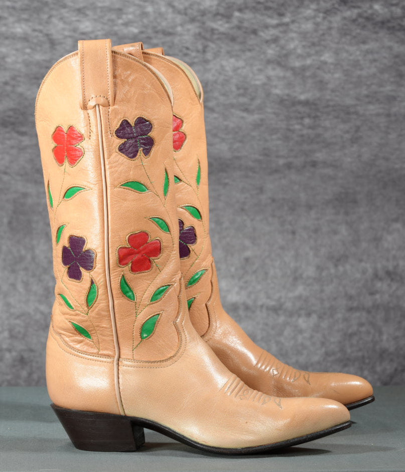 NOS 1980s Larry Mahan Floral Inlay Cowboy Boots Size: Women's 6.5