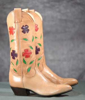 NOS 1980s Larry Mahan Floral Inlay Cowboy Boots
Size: Women’s 6.5 B