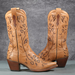 Vintage Dan Post Heart & Vine Inlay Cowgirl Boots
Size: Women’s 7.5 M