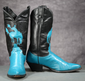 Vintage 1980s Justin Bucking Bronc Rider Cowgirl Boots — Electric Blue & Black
Size: Women’s 8.5 B