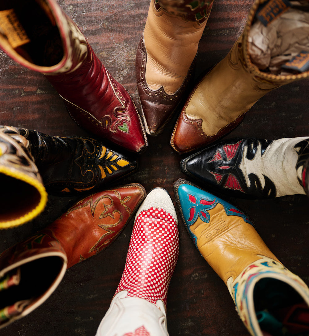 Vintage cowboy boots arranged in a circle, photographed for Western Horseman.